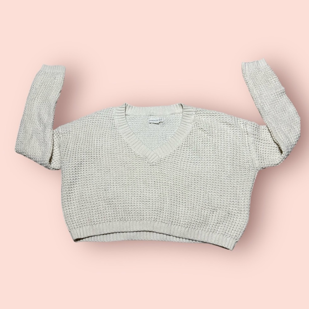 Aeropostale Oversized Knit Cropped V-Neck Sweater Soft Cozy Fall Size Small